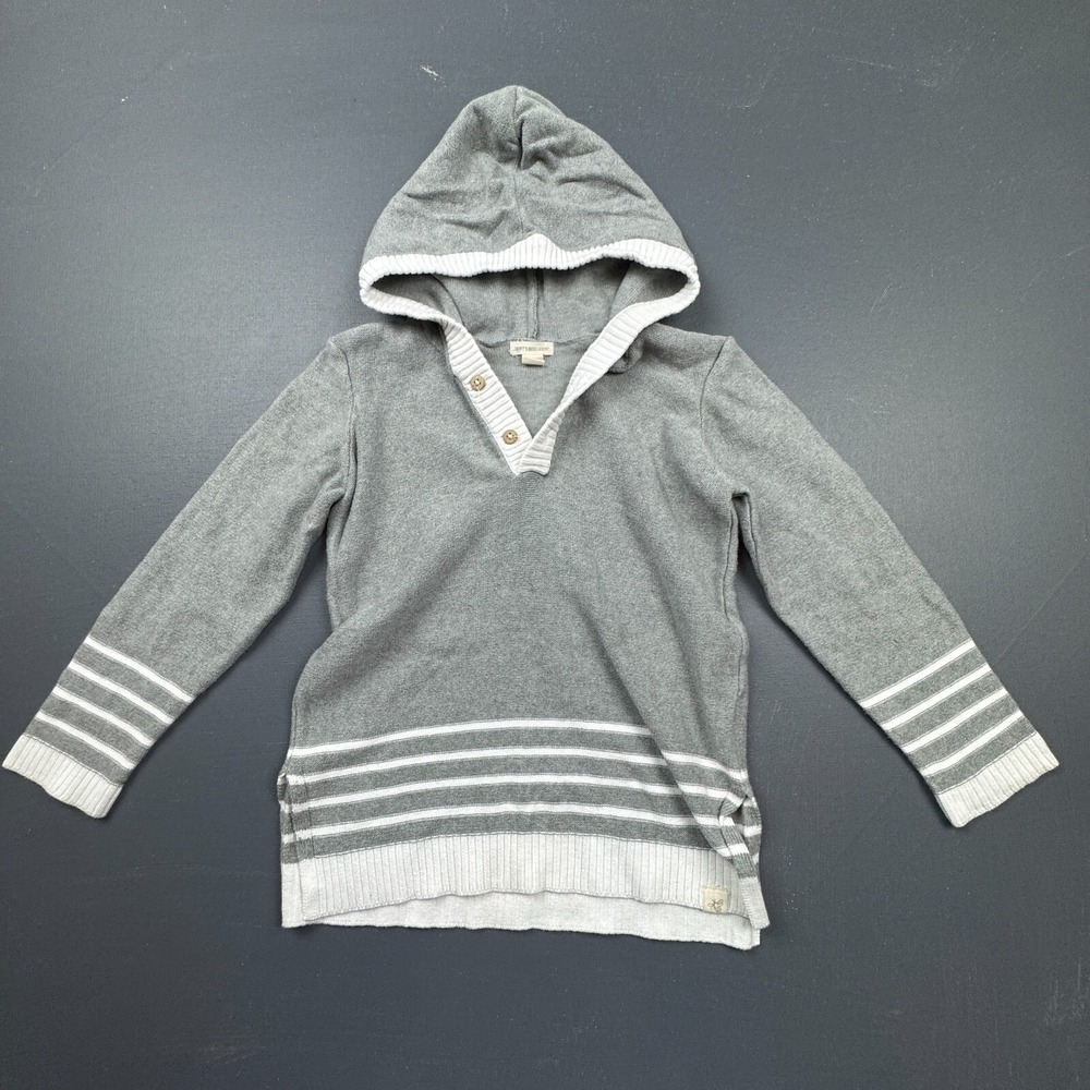Burt's Bees Boys 5 Gray Striped Knit 1/4 Button Pullover Hooded Sweater Warmwear